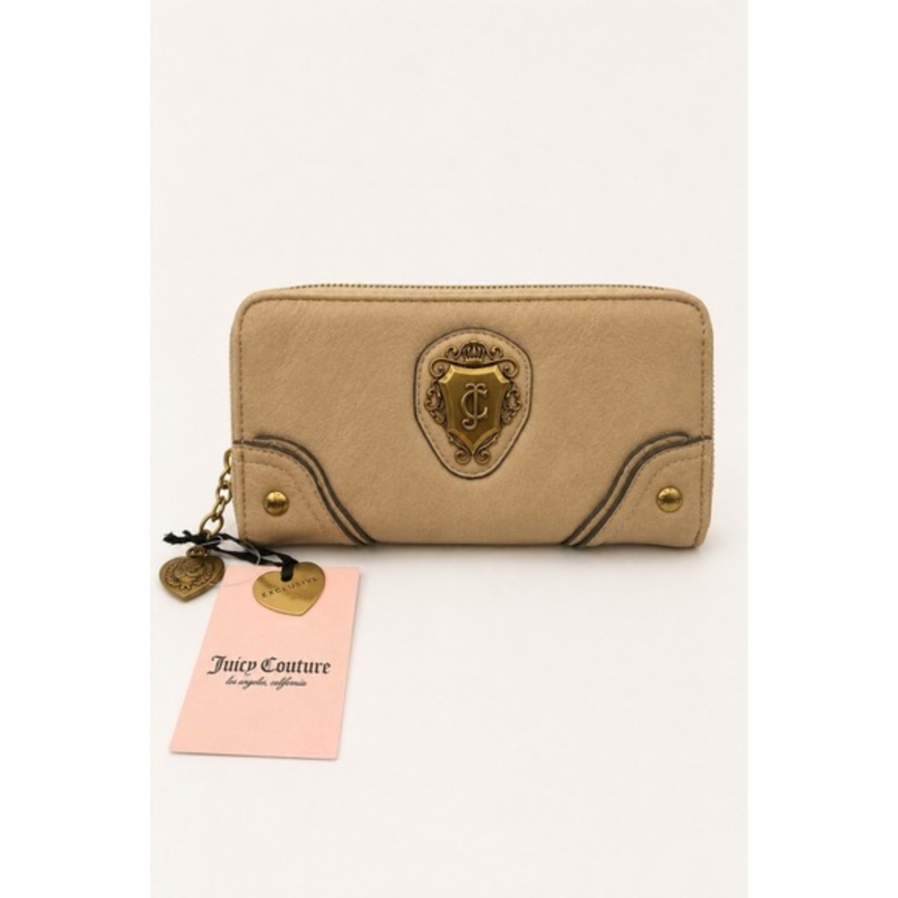 Juicy Couture Romance Gusset‎ Zip Around Wallet Heart Charm Y2K Antiqued Tan NWT
